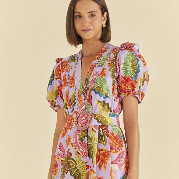 NWT Farm Rio Beaks & Bananas Ruffle Belted Romper Lilac l Medium l MSRP $200 - Picture 2 of 7